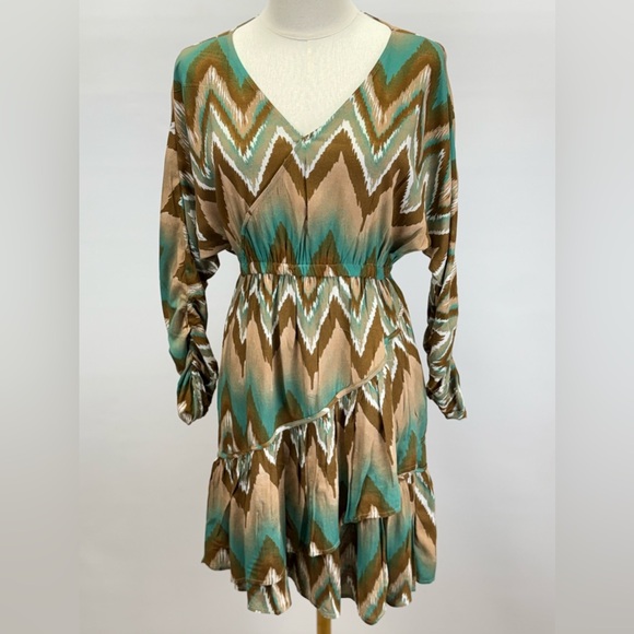 ARIAT Teal & Brown Chevron Tiered Long Sleeve mini Dress size S - Picture 2 of 13